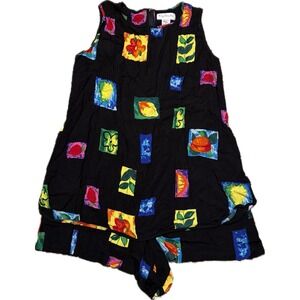 Vintage Key Lime Pie Fruit Print Romper Sleeveless Black Rayon XL